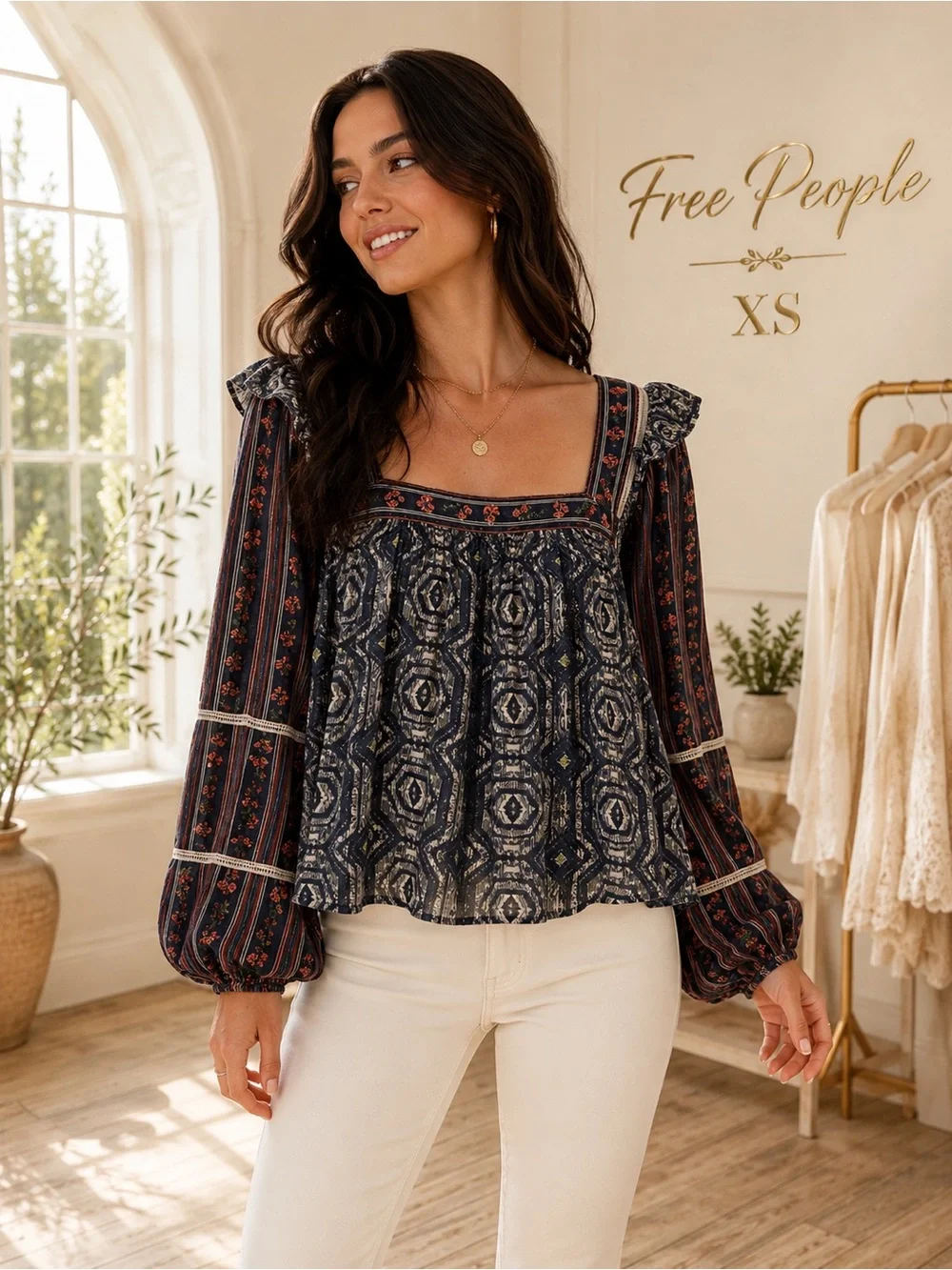 Free People XS Boho Peasant Top Mixed Print Square Neck Navy
